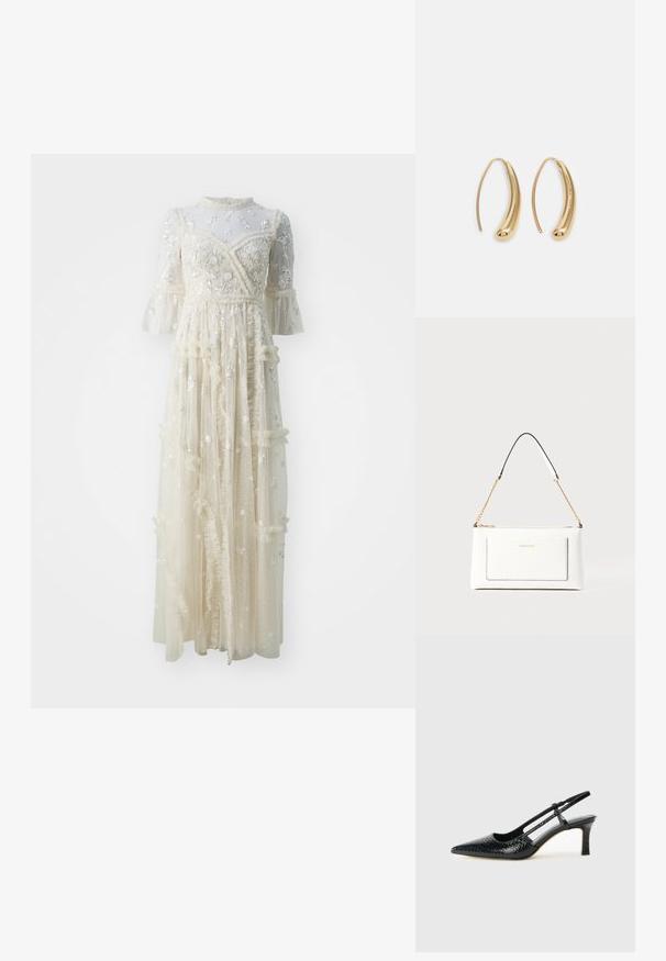 Needle & Thread SHIMMER DITSY LONG SLEEVE GOWN - Proginė apranga - cream/cream; Juodai lakuoti slingback aukštakulniai su smailiu nosiu, su tekstūruotu gyvatės raštu, reguliuojama juosta ir trumpu, tekstūruotu blokiniu kulnu.; Balta odinė rankinė su tekstūruotu paviršiumi, turinti auksinį grandinėlės dirželį ir juodas detales. Įskaičiuota priekinė kišenė ir užtrauktuko uždarymas.; Auksinės metalinės auskarų kabės su lenktą, pailgą forma. Turi lygų, blizgantį paviršių ir užapvalintą galiuką papildomam akcentui.