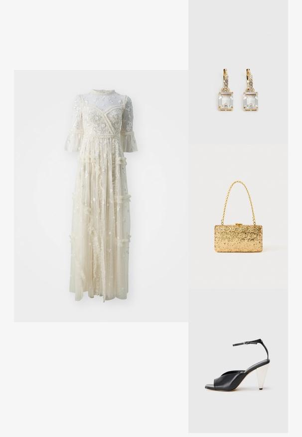 Needle & Thread SHIMMER DITSY LONG SLEEVE GOWN - Gallakjole - cream/cream; Sort læder højhælede sandaler med åben tå, asymmetrisk design, ankelrem og en metallisk kegleformet hæl. Glat tekstur hele vejen igennem.; Gylden paliet pung i rektangulær form, med et snoet kædehåndtag og en metalspænde lukning, der reflekterer lys med en struktureret overflade.; Guldtonede øreringe med et rektangulært, klart krystal, der hænger under en række af små, runde klare accenter. Elegant, moderne design.