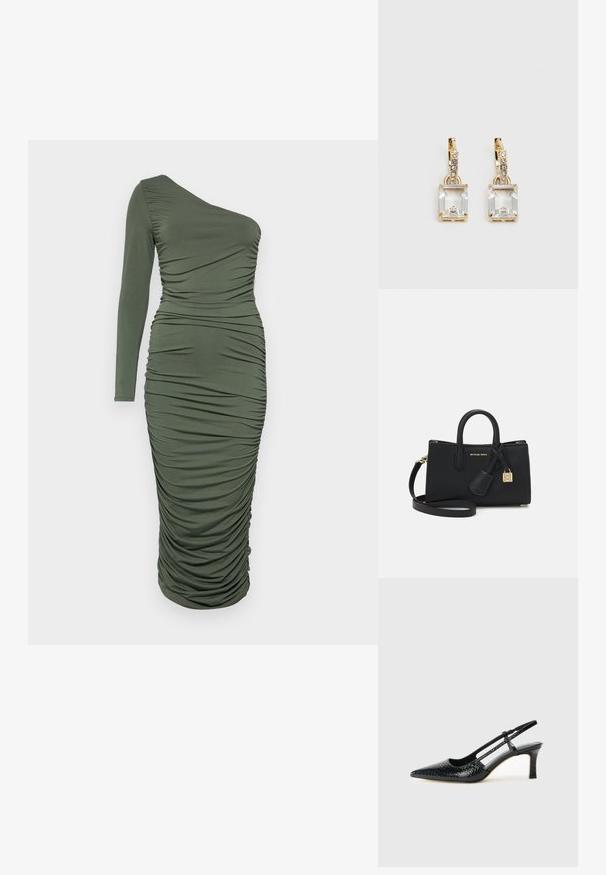 Vestido verde-oliva de um ombro, com design franzido, apresentando um material macio e elástico e uma silhueta ajustada que chega até à meia panturrilha.; Salto slingback em patente preta com bico apontado, apresentando um padrão de pele de cobra texturizado, tira ajustável e um salto bloco curto e texturizado.; Bolsa de pele preta com um design estruturado, alças superiores e uma alça de ombro destacável. Apresenta ferragens douradas e um encantos de logótipo.; Brincos em tom de ouro com um cristal retangular claro pendurado abaixo de uma linha de pequenos acentos redondos claros. Design elegante e moderno.