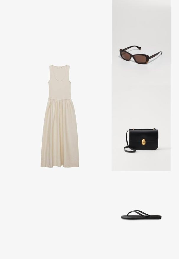 Béžové šaty bez rukávov s okrúhlym výstrihom, priliehavou trupovou časťou a voľnou, splývavou sukňou. Hladká látka s jemnou textúrou a subtílnym leskom.; Čierne žabky s textúrovanou gumovou podrážkou, dvoma štíhlymi popruhmi a diskrétnym embosovaným logom na popruhu.; Tortoiseshell slnečné okuliare s elegantným dizajnom mačacích očí, hnedými šošovkami a zlatým označením "RALPH" na stranách. Hladký plastový rám.; Čierna kožená kabelka so štruktúrovaným obdĺžnikovým tvarom. Obsahuje zlaté oválne zapínanie a tenký ramenný popruh. Hladká textura.
