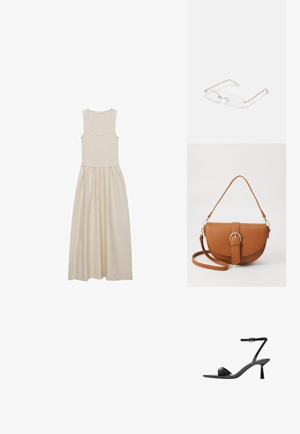 Beige mouwloze jurk met een ronde halslijn, aansluitende corsage en een losse, vloeiende rok. Gladde stof met een zachte textuur en subtiele glans.; Bershka Sandalen met hoge hak - black; Gouden metalen bril met ovale lenzen, slanke armen en transparante neus pads. Heeft subtiele scharnieraccenten en transparante lenzen.; Bruine leren schoudertas met een gebogen vorm, gouden hardware en een gespaccent. Bevat een afneembare schouderriem.