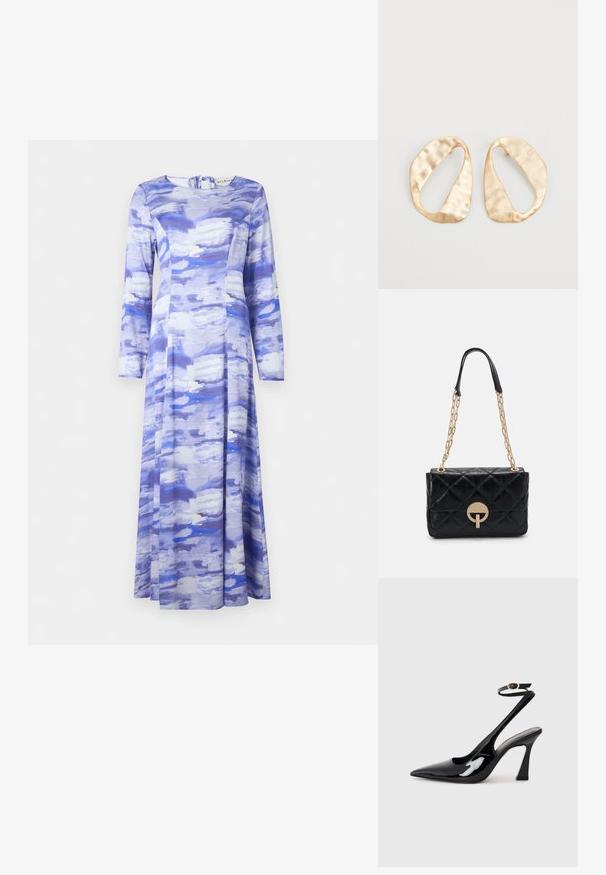 Långärmad klänning i lätt tyg med ett abstrakt blått och vitt mönster, rund hals och dragkedja bak.; Svart patentläder slingback högklackade skor med spetsig tå, justerbar ankelsnodd och en måttlig blockklack. Slät yta med glansig finish.; Svart kviltad läderhandväska med ett guld kedjehandtag, försedd med en rund låsdetalj. Kompakt rektangulär form med en slät yta.; Ett par oregelbundna ovalformade örhängen i guldtonad metall med en strukturerad, något hamrad yta på en vit bakgrund.