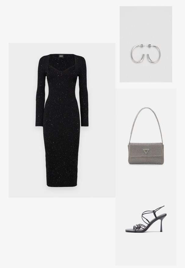 Fekete bordázott ruha hosszú ujjal, kerek nyakkivágással és testhez simuló fazonnal. Ezüst pöttyökkel díszítve, amelyek textúrát és részletességet adnak neki.; Fekete magas sarkú szandálok vékony pántokkal, csomózott mintával, sima négyzetes orral és karcsú stiletto sarkal rendelkeznek.; Világosszürke fémes kézitáska lánc pánttal, kis kör alakú fém kifinomult díszítéssel és háromszög alakú márkagéppel.; Ezüst karika fülbevalók sima, fényes felülettel. Lekerekített forma, könnyű kialakítással, tűs zárómechanizmussal.