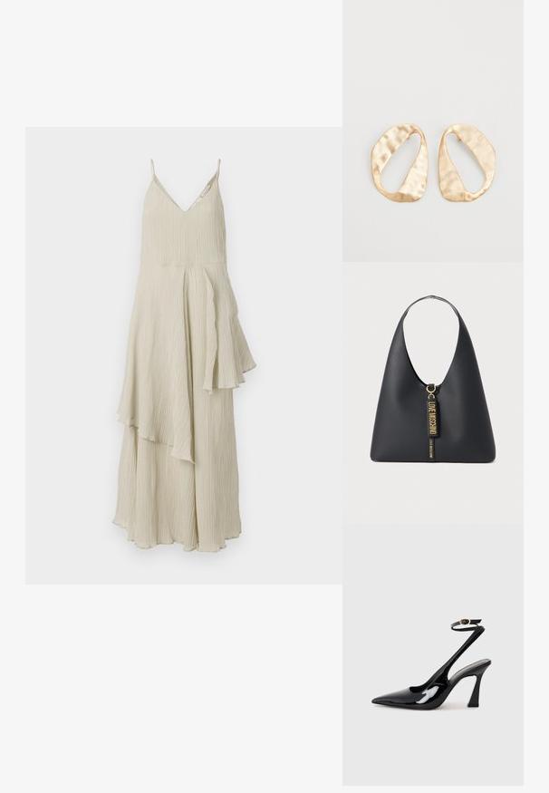 Krämfärgad klänning med V-ringning, tunna axelband och en svävande, lager-på-lager design med texturerade plisseringar och asymmetriska fållar.; Svart patentläder slingback högklackade skor med spetsig tå, justerbar ankelsnodd och en måttlig blockklack. Slät yta med glansig finish.; Svart läderaxelväska med en bred rem, guldpläterade detaljer, och två hängande etiketter präglade med "LOVE MOSCHINO" i guldiga bokstäver.; Ett par oregelbundna ovalformade örhängen i guldtonad metall med en strukturerad, något hamrad yta på en vit bakgrund.