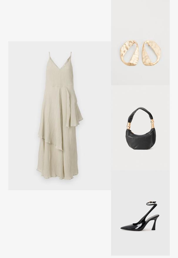 Cream-colored dress with a V-neckline, thin straps, and a flowing, layered design featuring textured pleats and asymmetric hems.; Black patent leather slingback high heels with a pointed toe, adjustable ankle strap, and a moderate block heel. Smooth texture with glossy finish.; Black leather handbag with a round shape, soft texture, and a knotted handle featuring gold-tone hardware accents. Zipper closure.; Pair of irregular oval-shaped gold-toned metal earrings with a textured, slightly hammered surface on a white background.
