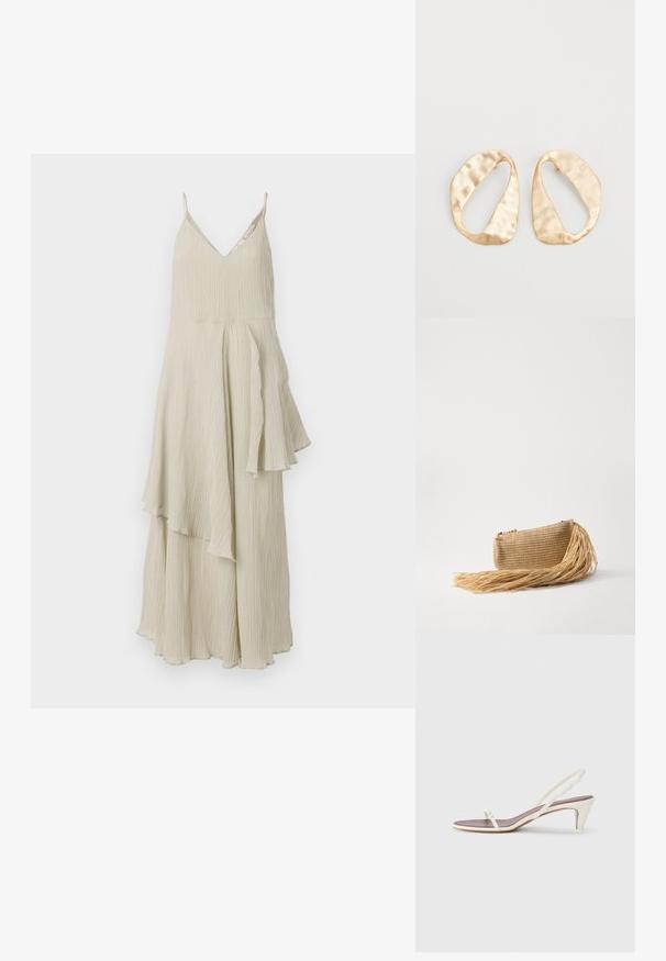 Kremowa sukienka z dekoltem w kształcie litery V, cienkimi ramiączkami oraz zwiewnym, warstwowym fasonem z teksturowanymi fałdami i asymetrycznymi brzegami.; Białe sandały na koturnie z cienkimi paskami i gładką skórzaną fakturą; zawierają małą dekoracyjną klamrę.; Cult Gaia VIERA beżowy; Para nieregularnych, owalnych kolczyków ze złotego metalu o teksturowanej, lekko młotkowanej powierzchni na białym tle.