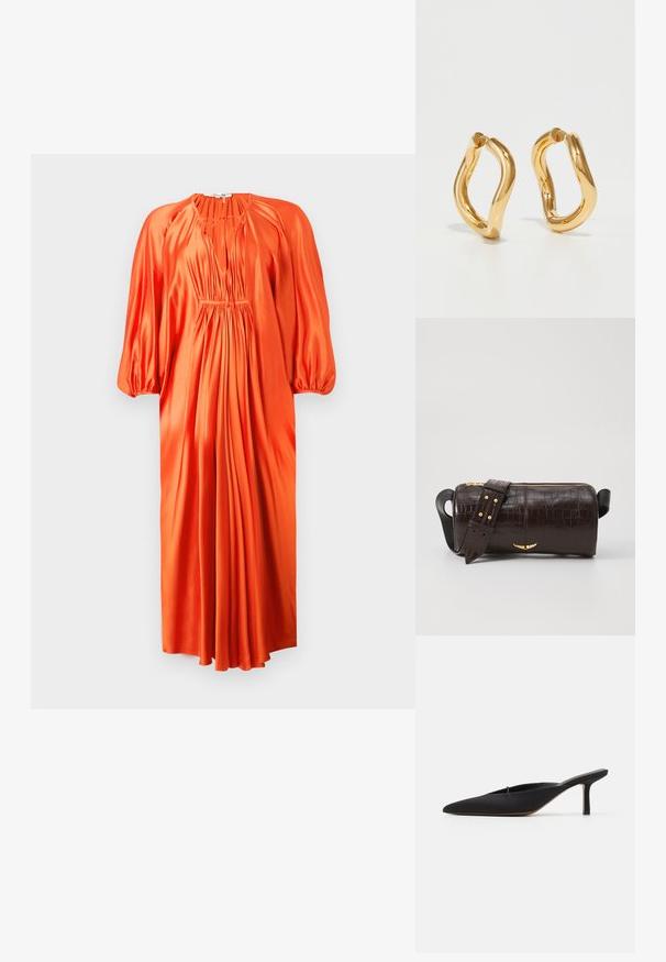 Narancsszínű selyemruha hosszú puffujjakkal, mély V-nyakkal és rakott redőkkel a deréknál, középkaláig érő hosszúsággal. Sima textúra.; Fekete, hegyes orrú mules, elegáns dizájnnal, sima textíliából készült, karcsú sarokkal és nyitott hátsó résszel a könnyű felvétele érdekében.; Barna krokodilbőr hatású bőr táska henger alakú, arany tónusú fémveretekkel és lecsatolható, szegecsekkel díszített pánttal.; Aranyszínű karikafülbevalók íves, szabálytalan formával és sima, fényes felülettel. Nincsenek látható hardverek vagy díszítések.