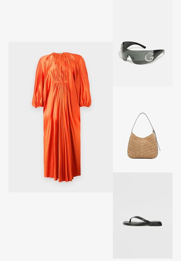 Oranžové saténové šaty s dlhými puff rukávmi, hlbokým V-výstrihom a nahrnutými záhybmi v páse, siahajúce po strednú dĺžku lýtok. Hladká textúra.; Čierne šľapky vyrobené z hladkej kože, s tenkým pásikom a plochou podrážkou s minimalistickým profilom. Bez výrazných vzorov alebo akcentov.; Čierne slnečné okuliare s elegantným dizajnom, sivými zafarbenými sklami, s veľkým logo "G" posiatym rhinestone na boku.; Tkaná slamenná ramenná taška s zakriveným tvarom, vybavená tmavou koženou rukoväťou a textúrovaným povrchom s vzorom v tvare chevron.