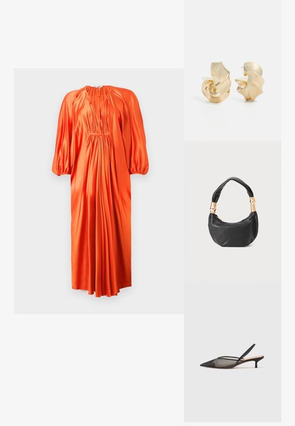 Oranžs satīna kleita ar garām pūkainām piedurknēm, dziļu V-veida izgriezumu un savilktām krokām jostasvietā, krītoša līdz teļa garumam. Gluda tekstūra.; NEOUS IRENA - Klasiski papēži - black; Melnas ādas rokassoma ar apaļu formu, mīkstu tekstūru un mezgla rokturi, kas rotāts ar zelta tonētiem aksesuāriem. Ar rāvējslēdzēja aizdari.; Tekstūrēti zelta toņa metāla auskari ar skulpturālu spirāles dizainu. Iespējas ar gludām virsmām un gaismu atspoguļojošām līknēm.