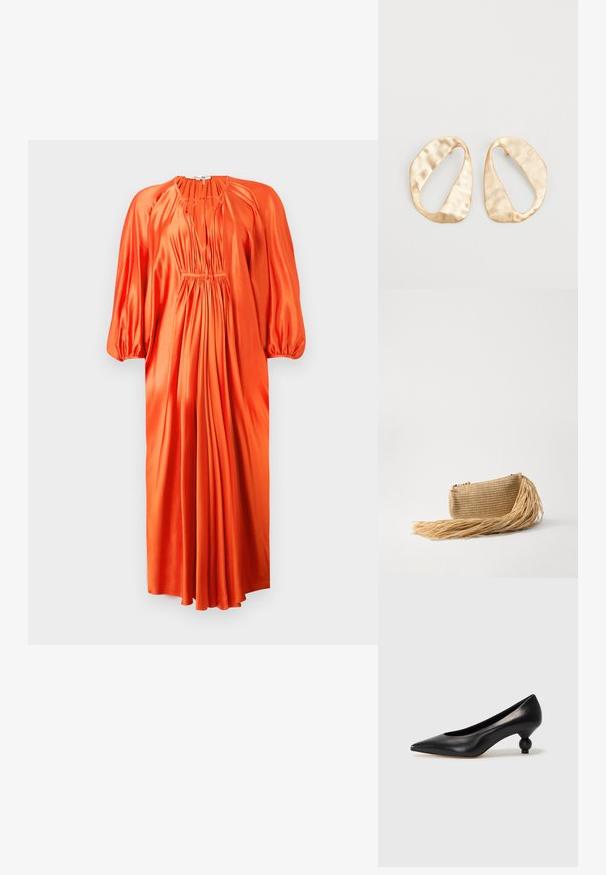 Orange satin dress with long puff sleeves, deep V-neck, and gathered pleats at the waist, falling to mid-calf length. Smooth texture.; Black leather high heel shoe with a pointed toe and a round, balled heel. Smooth texture with a sleek, minimal design.; Cult Gaia VIERA - Clutch - natural; Pair of irregular oval-shaped gold-toned metal earrings with a textured, slightly hammered surface on a white background.
