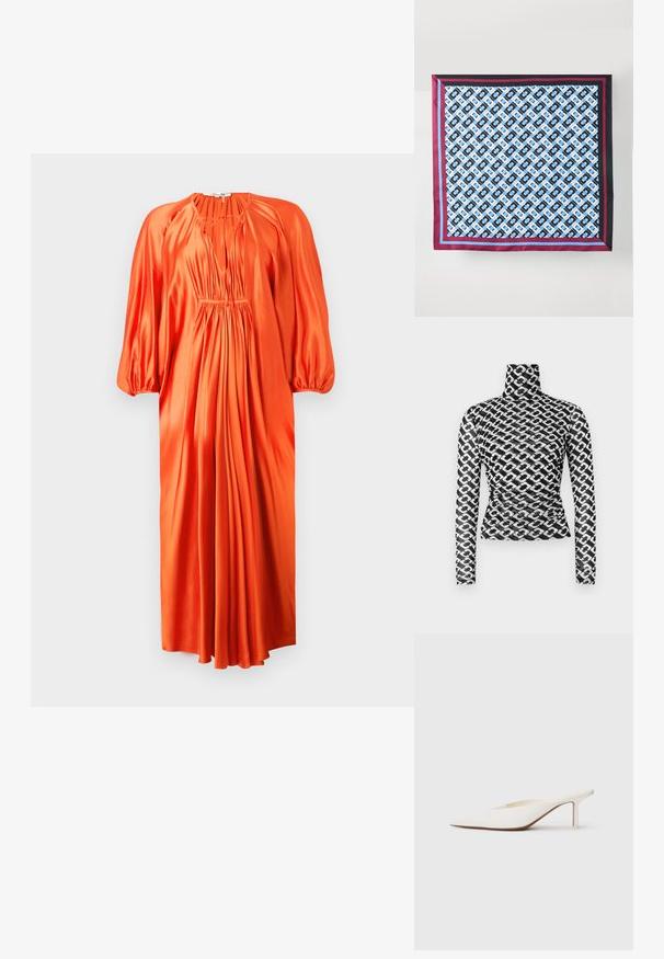 Vestido de satén naranja con mangas largas abullonadas, escote en V profundo y pliegues recogidos en la cintura, que cae hasta la mitad de la pantorrilla. Textura suave.; Top de manga larga con cuello alto en tejido negro translúcido con un patrón repetitivo de cadenas blancas. Diseño ajustado con detalles sutiles de fruncido en la cintura.; Mule blanco de punta afilada con un tacón bajo de stilettos. Hecho de material suave con un diseño minimalista y un sutil detalle en la suela color tostado.; Pañuelo de seda con un patrón repetido en azul y negro sobre un fondo blanco, enmarcado con franjas en marrón y azul a lo largo de los bordes.