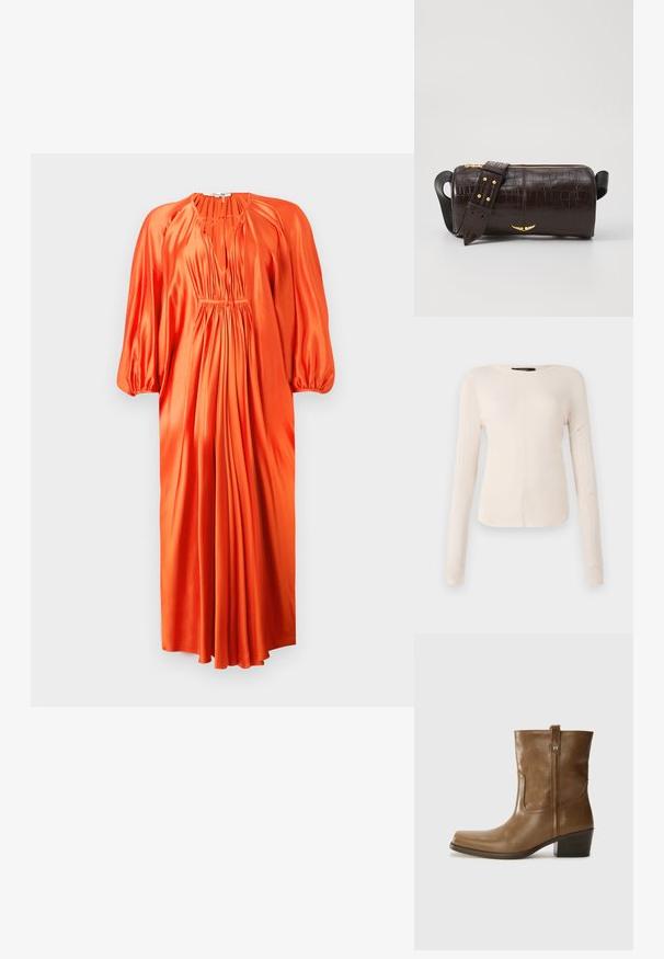 Vestido de seda laranja com mangas bufantes longas, decote em V profundo e pregas ajustadas na cintura, caindo até a altura da meia-cavala. Textura suave.; Camisola de mangas longas, bege claro, com decote redondo. Feita de um tecido macio, apresenta uma costura central e uma bainha ligeiramente curva. Sem ferragens visíveis.; Bota de tornozelo em couro castanho com bico quadrado, acabamento texturizado e salto baixo em camadas. Apresenta uma alça na parte de trás e detalhes de costura discretos.; Bolsa de couro com textura de crocodilo na cor marrom, com forma cilíndrica, metalizações em tom dourado e uma alça destacável com tachas.