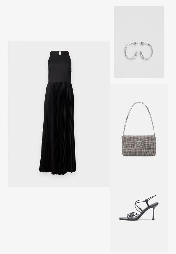 Μαύρο πλισέ μέγιστο φόρεμα με σχεδίαση χωρίς μανίκια, ψηλό λαιμό και κρυφό φερμουάρ στην πλάτη. Ο λείος κορμός υφάσματος έρχεται σε αντίθεση με τις υφασμάτινες πτυχές.; Μαύρες ψηλοτάκουνες σανδάλες με λεπτές λωρίδες και σχέδιο με κόμπους, λείο τετράγωνο μπροστινό μέρος και κομψό τακούνι στιλέτο.; Ανοικτό γκρι μεταλλική τσάντα χειρός με αλυσίδα, διακοσμημένη με μικρούς κυκλικούς μεταλλικούς στύλους και ένα τριγωνικό λογότυπο της μάρκας.; Ασημένια σκουλαρίκια κρίκοι με λεία, λαμπερή φινίρισμα. Στρογγυλό σχήμα, ελαφρύ σχέδιο, με κλείσιμο τύπου πίσω.