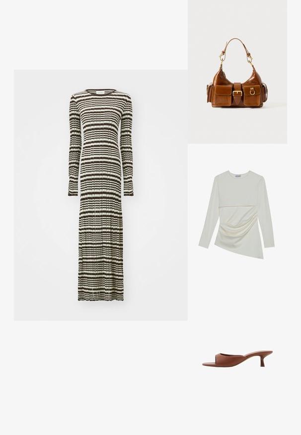 Lang kjole med lange ærmer, der har et stribet mønster i mørkebrun og creme. Fremstillet af et struktureret, plisseret stof.; Langærmet bluse i cremefarve med en rund halsudskæring, der har et lagdelt design og rynkede detaljer i den nederste sektion. Blødt stof med en glat tekstur.; Brune åbne tå hæle mules med en glat, mat finish, der har et buet design og en gennemsigtig, afsmalnende hæl.; Brun læder håndtaske med en buet form, dobbelt hardware i guldtoner, to frontlommer og en bred skulderrem. Glat tekstur med en elegant finish.