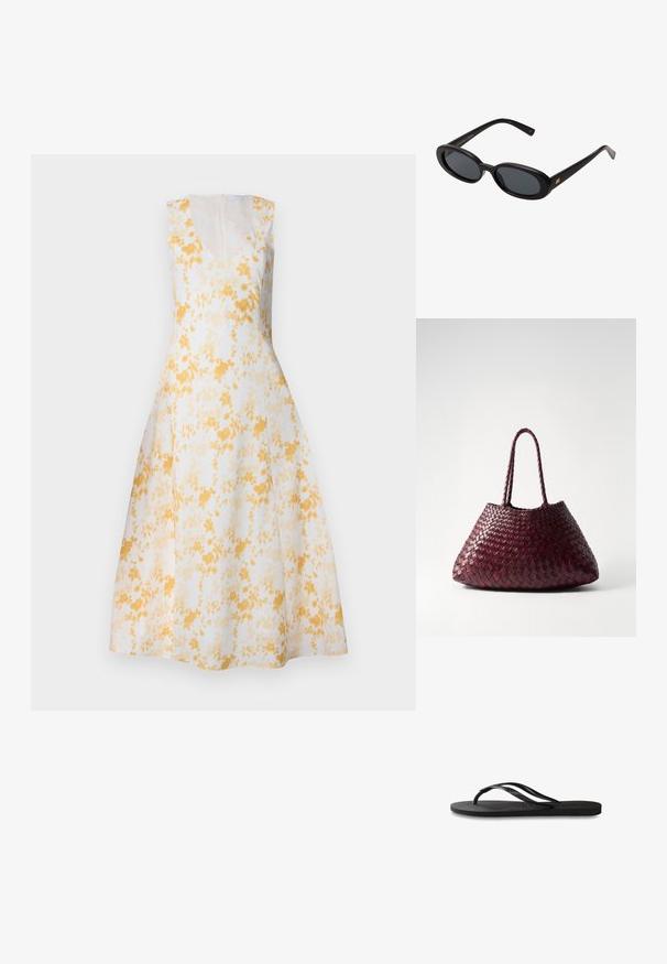 Bez piedurknēm, V-veida dekoltē balta kleita ar dzeltenu ziedu rakstu. A-veida siluets, līdz ceļiem, ar slēptu aizmugurējo rāvējslēdzēju un gludu tekstūru.; Melni čības ar teksturētu gumijas zoli, divām plānām siksniņām un smalku, iespiedotu logotipa detaļu uz siksniņas.; Melnu pārspīlēto saulesbrilles ar ovālām lēcām, gludu plastmasas rāmja un zelta akcentiem uz tempļiem. Tumšie lēcas nodrošina saules aizsardzību.; DRAGON DIFFUSION SANTA CROCE BIG - Rokassoma - bordo