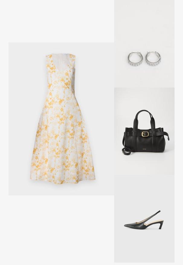 Mouwloze V-hals jurk in het wit met een geel bloemenpatroon. A-lijn vorm, knie-lengte, met een verborgen rits aan de achterkant en een soepele textuur.; Zwarte puntige slingback schoen met een lage hak, gemaakt van soepel leer en voorzien van een uitsnede aan de zijkant voor ventilatie.; Zwarte leren handtas met een gestructureerd ontwerp, dubbele handgrepen aan de bovenkant, een gouden gespaccent en een geperst merklogo aan de voorkant.; Zilveren hoepel oorbellen met een textuurontwerp dat verticale ribbels heeft. Cirkelvormig met een veilige sluiting. Gladde afwerking.