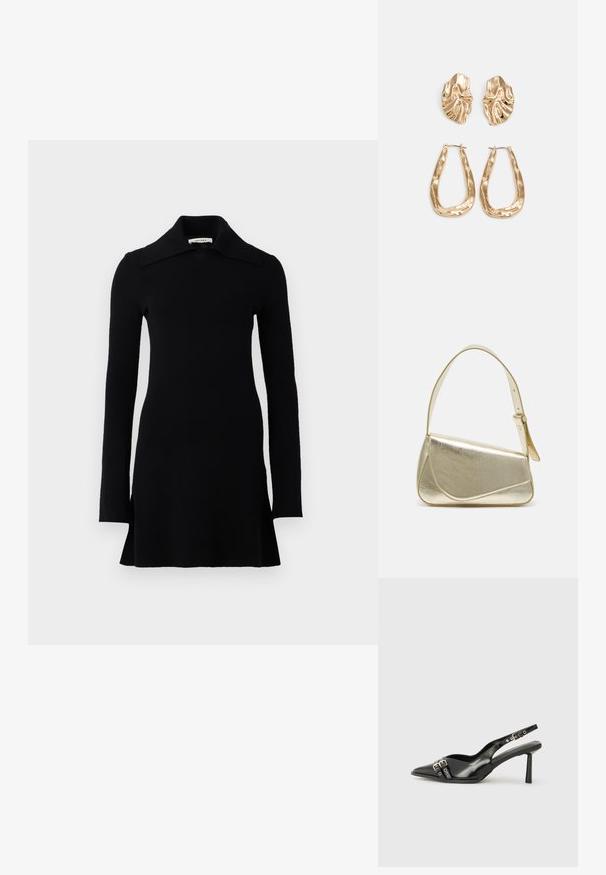 Svart langermet minikjole med bred krage, tettsittende midje og lett utsvingt kant, vist på en hvit bakgrunn.; Sorte patentlær slingback-sko med spiss tå, ankelremmer med sølvspenner og detaljer, og en slank hæl.; Gullfarget metallisk håndveske med en strukturert design, glatt tekstur og justerbar stropp. Har en unik trekantet form og minimalistisk søm.; Gullfargede øredobber med teksturerte, bølgete former. Inkluderer skulpturelle klipsstuds og åpen hoop-design med en hamret finish.