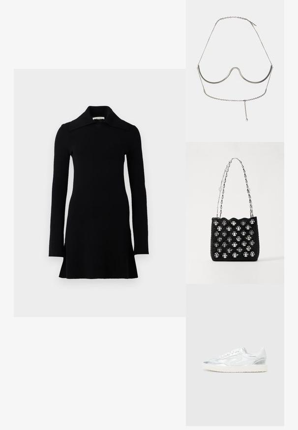 Melna mini kleita ar garām piedurknēm, plašu apkakli, piegulošu jostu un nedaudz izplešamu apakšmalu, izstādīta uz balta fona.; Bāli balti sporta apavi ar metālisku sudraba akcentu, gluda tekstūra, apaļš purngalis, plakana zole un tradicionāls saistīšanas dizains.; Rabanne Rokassoma - black/silver; Cult Gaia ASHA BODY JEWELRY - Citi aksesuāri - bright shiny silver-coloured