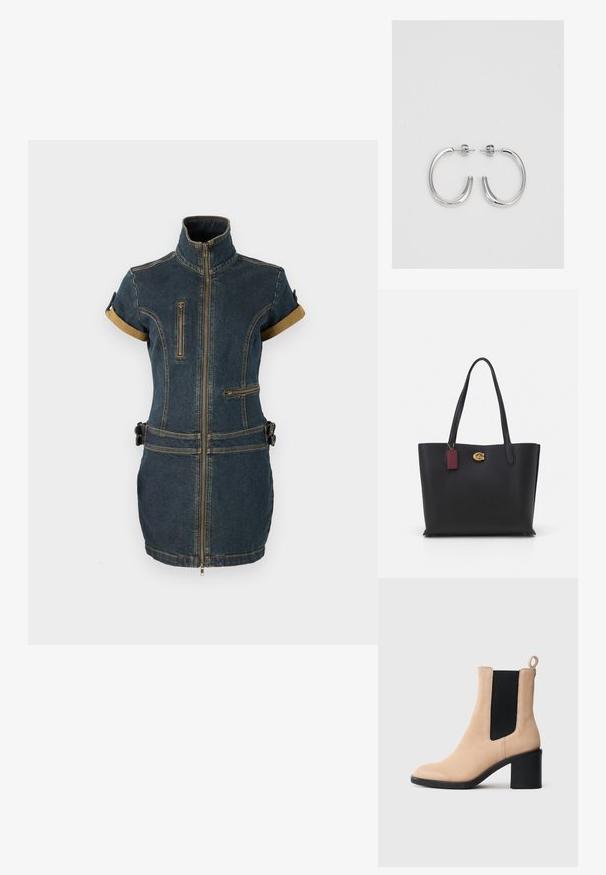 Džinsinė suknelė su aukštu apykakle, trumpomis rankovėmis, dviem užtrauktukais uždarytomis kišenėmis ir dirželiu liemenyje. Medžiaga yra tamsiai mėlyna su kontrastingais rudos spalvos akcentais.; Bežinės suede aulinės bateliai su blokuotu kulnu, su juodu elastingu įdėklu ir traukimo kilpele gale. Lygus paviršius ir suapvalintas pirštas.; Juoda odinė laisvalaikio rankinė su dviem ilgais rankenomis, tekstūruotas paviršius, auksinės detalės ir bordo etikete. Talpus dizainas su atvira viršūne.; Sidabriniai lankelio formos auskarai su lygiu, blizgiu paviršiumi, išlenktos formos ir su užsegimu. Minimalistinio dizaino su moderniu apdaila.