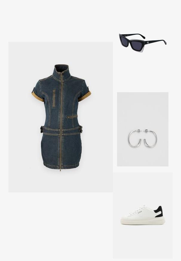 Denimkleit kõrge kraega, lühikeste varrukatega, kahe tõmblukuga tasku ja vöökoht. Kanga värv on tumesinine koos kontrastsete pruunide aktsentidega.; Valged nahast tennisetossud paksu valge tallaga, musta sametist kontsakeeuga ja külje peal riigilogo reljeefne kujundus. Lukkeskeem kuue silmaauguga.; Mustad suured mustad prillid geomeetrilise kujuga, tumedate läätsedega ja kontrastse halli detailiga raamidel. Logo käe peal.; Hõbedased rõngaskõrvarõngad, millel on sile ja läikiv pind. Ümar kuju, kerge disain, millel on post-tagumise kinnituse süsteem.