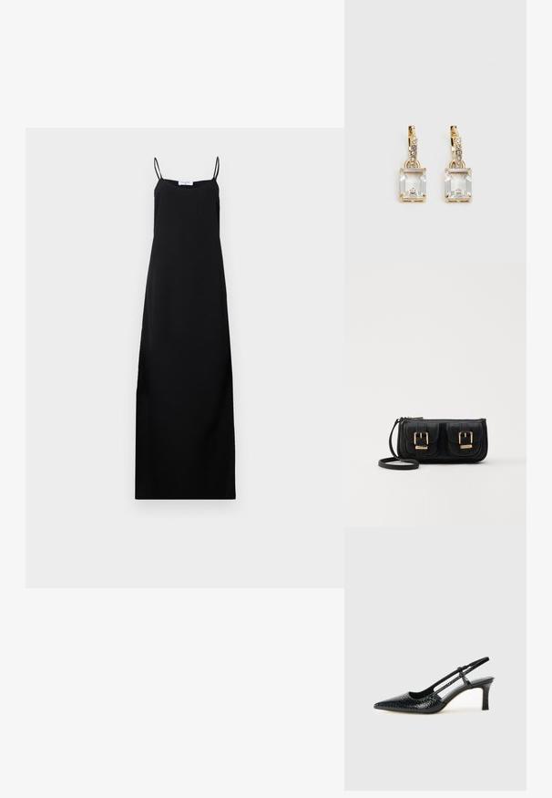 Melnas bez piedurknēm kleita ar plāniem siksniņām, taisnu griezumu un potītes garumu. Izgatavota no gludas auduma bez redzamām rakstu vai rotājumu detaļām.; Melna patent āda ar slīdošo papēdi un smailo purngalu, ar teksturētu čūsku drukājumu, regulējamu siksniņu un īsu teksturētu blokpapēdi.; Melnas ādas crossbody soma ar divām priekšējām kabatām, zelta sprādzēm, ar rāvējslēdzēju aizdari un šauru siksnu. Strukturēta virsma un kompakta taisnstūra forma.; Zeltītas auskaru rotas, kuru centrā ir taisnstūra formas caurspīdīgs kristāls, kas karājas zem mazu, apaļu caurspīdīgu akcentu rindas. Elegants, mūsdienīgs dizains.