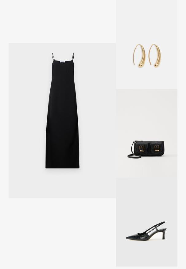 Rochie neagră fără mâneci, cu bretele subțiri, croială dreaptă și design până la glezne. Fabricată dintr-un material neted, fără modele sau embellishmente vizibile.; Pantofi cu toc slingback negri din patent, cu vârf ascuțit, cu imprimeu de șarpe texturat, curea ajustabilă și toc scurt texturat.; Geantă neagră din piele, tip crossbody, cu două buzunare frontale, catarame aurii, închidere cu fermoar și o curea subțire. Suprafață texturată și formă rectangulară compactă.; Cercei din metal auriu, cu un design curbat și alungit. Au o suprafață netedă și strălucitoare, cu un vârf rotunjit pentru un detaliu suplimentar.