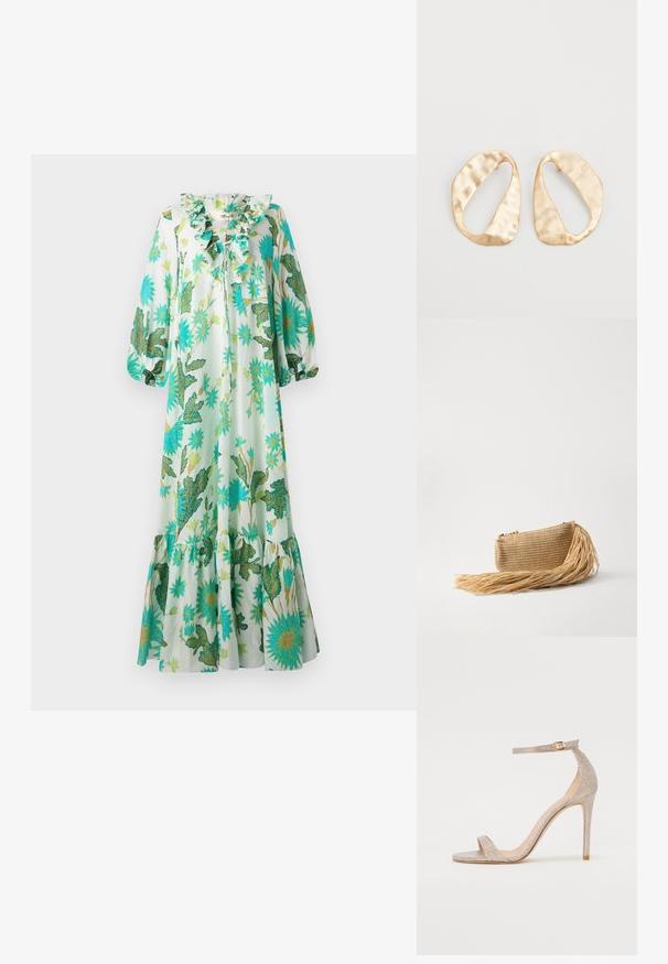 Ilga, šviesi suknelė su raukšlėtu iškirpimu, dekoruota žydinčių gėlių ir lapų raštu žaliai ir mėlynai ant šviesaus fono. Įsigalios plačios rankovės ir apačia.; Metaliniu rožiniu auksu padabinti aukštakulniai sandalai su dirželiais, turintys tekstūruotą viršutinę dalį, atvirą pirštą ir kulkšnies dirželį su auksiniu sagtimi.; Cult Gaia VIERA - Delninukė - natural; Nedidelis nereguliarus ovalo formos aukso tono metalinių auskarų pora su tekstūruota, šiek tiek kalta paviršiumi ant balto fono.