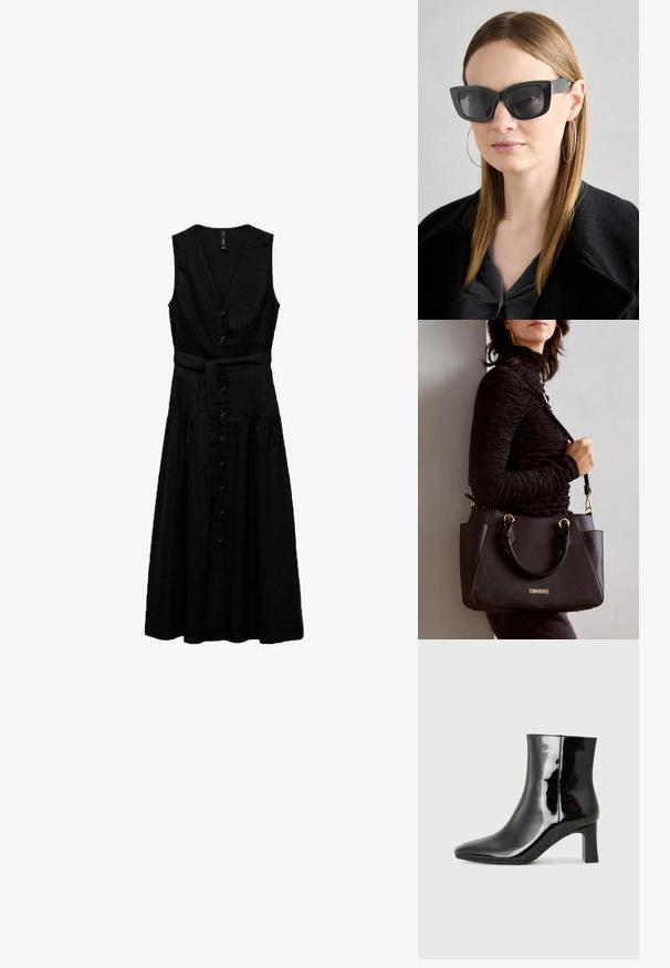 Sort ærmeløs kjole med V-hals, knaplukning foran, justerbart bælte i taljen og svajet forneden. Fremstillet af hør.; Sort lakeret ankelstøvle med spids tå og en midt-højde blokhæl. Glat tekstur og minimalistisk design.; Sorte katteøje solbriller med mørke linser, tykke rammer og subtile detaljer. Båret med en sort frakke og en grå bluse, med langt, glat hår.; Sort håndtaske med struktureret overflade, dobbelt topbærere og justerbar skulderrem. Udstyret med guldfarvet metalhardware og sidelommer.