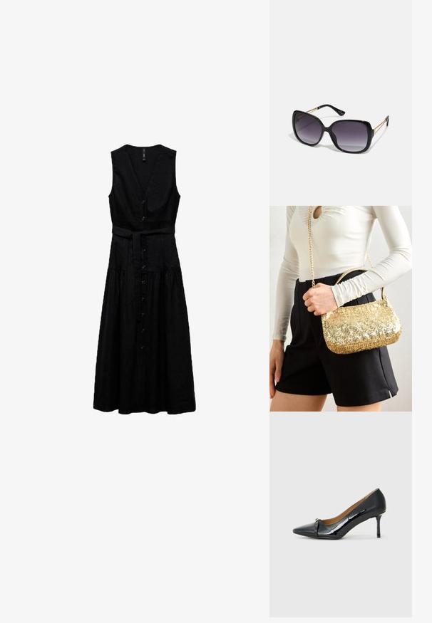 Abito nero senza maniche con scollatura a V, chiusura frontale con bottoni, cintura regolabile in vita e orlo svasato. Realizzato in lino.; Scarpa nera in vernice, con tacco alto e punta affilata, dettaglio decorativo della cinturini nella parte frontale e sottile tacco a stiletto.; Occhiali da sole neri oversize con lenti sfumate, montatura spessa e dettagli in catena dorata sulle astine.; Borsa a tracolla dorata con paillettes, di forma rettangolare, dotata di un manico corto e di una lunga tracolla in catena. La texture è lucida e riflettente.