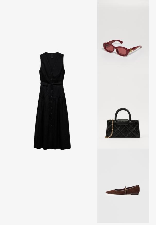 Schwarzes ärmelloses Kleid mit V-Ausschnitt, Knopfverschluss vorne, verstellbarem Gurt in der Taille und ausgestelltem Saum. Aus Leinen gefertigt.; Braune Wildleder-Flatschuhe mit spitzem Zehenbereich, versehen mit einem dünnen Riemen und goldenen Hardware-Akzenten. Der Schuh hat einen niedrigen Absatz und graue Akzente.; Rote Plastiksonnenbrille mit rechteckigen Rahmen, getönten Gläsern und einer goldenen Logo-Akzentuierung an den Bügeln. Glatte, glänzende Oberfläche.; Schwarze Handtasche aus strukturiertem Leder mit einem Diamantmuster, goldfarbener Kette, einem oberen Griff und einem Logo-Prägung Klappenverschluss.