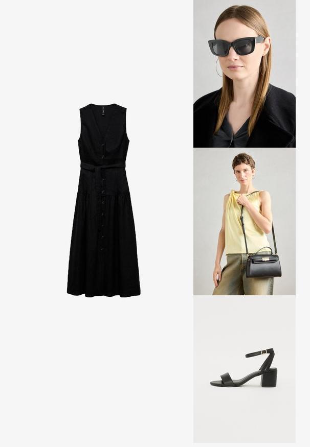 Schwarzes ärmelloses Kleid mit V-Ausschnitt, Knopfverschluss vorne, verstellbarem Gurt in der Taille und ausgestelltem Saum. Aus Leinen gefertigt.; Schwarze High Heels Sandalen mit einem glatten Lederoberteil, offener Zehenpartie, breiten Vorderstraps und verstellbarem Knöchelriemen mit einem goldenen Schnallen-Detail.; Schwarze Katzenaugen-Sonnenbrille mit dunklen Gläsern, dicken Rahmen und subtilen Akzenten. Getragen mit einem schwarzen Mantel und einem grauen Oberteil, dazu lange, glatte Haare.; Schwarze Lederhandtasche mit strukturiertem Design, obenem Griff und verstellbarem Riemen. Glatte Textur und ein Verschlussdetail aus goldfarbener Hardware.