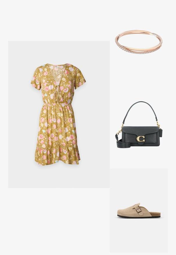 Olijfgroene bloemen V-hals jurk met korte mouwen, een koordtaille en een gerimpelde zoom met roze en blauwe bloemenpatronen.; Beige suède clogs met een ronde teen, verstelbare gespsluiting en een gestructureerde rubberen zool. Minimalistisch ontwerp met een kurken tussenzool.; Zwarte leren handtas met een gouden hardware accent, voorzien van een kenmerkende sluiting, een afneembare schouderband en een ge textureerd oppervlak.; Roze gouden armband met twee in elkaar grijpende banden, waarvan er één is versierd met een rij diamanten, een strakke oppervlakte en gladde randen.
