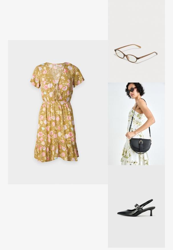 Õhuline V-kaelusega kleit oliivirohelises värvitoonis, millel on lühikesed varrukad, kummiga talje ja volangiga alus, millel on roosa ja sinise lillemustriga.; Mustad patenteeritud nahast sildiga kontsad, millel on terav nina ja väike plokk-konts, mille rihmal on hõbedane pandla aksessuaar.; Pruunid kilpkonnaläätsed ovaalsete objektiividega, õhukesed kaared ja läbipaistvad aktsendid. Templi peal on peene logoga. Sujuv, kergesti kandmiseks mõeldud disain.; Mustmust mustraha kõverate joontega, eemaldatava rihmaga ja kuldsete detailidega. Kotil on klapp, millel on pandladetail.