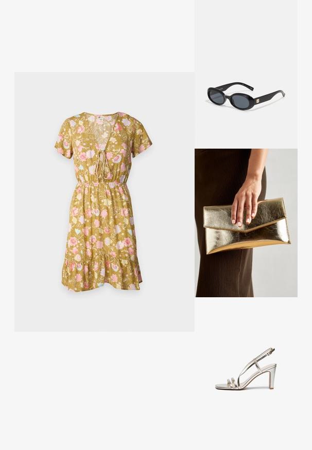 Robe fleurie à col en V olive, avec des manches courtes, une taille à cordon et un ourlet volants orné de motifs floraux roses et bleus.; Sandale à talon haut en métal argenté avec un bout ouvert, dotée de trois fines lanières sur le pied et d'une lanière autour de la cheville avec une boucle.; Lunettes de soleil ovales noires avec des verres foncés, monture en plastique brillant, branches larges et un petit accent doré d'un côté.; Pochette en métal doré avec une texture lisse, dotée d'un rabat en forme de triangle. La main qui la tient a des ongles soigneusement manucurés.