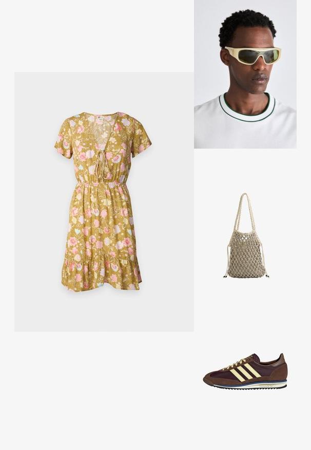 Robe fleurie à col en V olive, avec des manches courtes, une taille à cordon et un ourlet volants orné de motifs floraux roses et bleus.; Baskets marron et bordeaux avec des matériaux en daim et en maille, présentant trois rayures crème, un tissu texturé sur la languette et une semelle en caoutchouc.; Lunettes de soleil avec une monture jaune translucide et des verres teintés en vert. Design angulaire avec des branches larges, portées avec une chemise blanche à accents verts.; Sac tissé beige avec un design en filet, doté de deux poignées tressées et d'une fermeture à cordon, rehaussé de détails en perles noires.