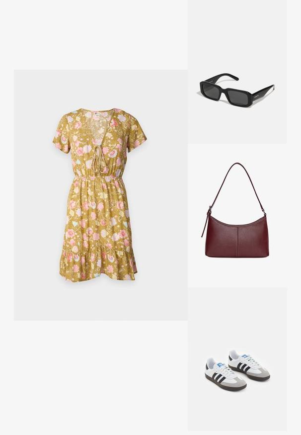 Blumenmuster V-Ausschnitt-Kleid in Olivgrün, mit kurzen Ärmeln, einem Kordelzug in der Taille und einem gerafften Saum mit rosa und blauen Blumenmustern.; Sportschuhe mit einem Obermaterial aus weißem Leder, grauer Wildleder-Zehenkappe und drei schwarzen Streifen. Sie verfügen über ein blaues Logo auf der Zunge und eine strukturierte Gummisohle.; Arnette THEKIDD UNISEX - Sonnenbrille - black; Bordeauxfarbene Ledertasche mit geschwungener Form, einem einzigen Schulterriemen und gesteppten Details in der Mitte. Glatte Textur, minimales Zubehör.