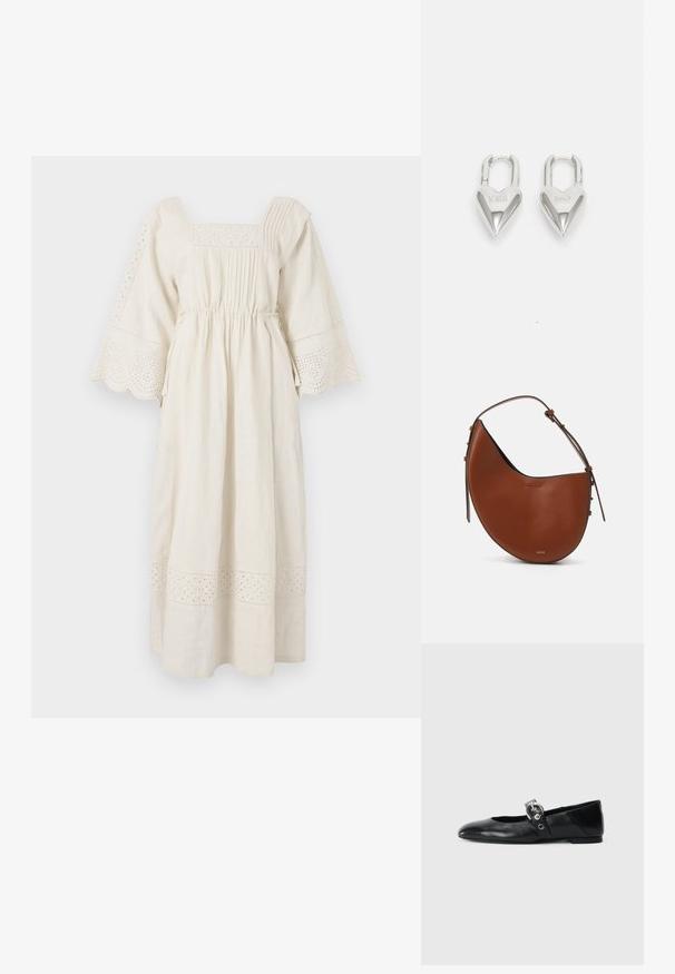 Cream-colored linen dress with a square neckline, flared sleeves, and decorative eyelet lace trim. Features gathered waist and pleated details.; Black leather ballet flats with a pointed toe, featuring a strap with a circular metallic buckle and a flat sole.; Brown leather shoulder bag with a crescent shape, slim brown strap, and subtle gold hardware accents. Features a smooth texture and minimal stitching.; Silver heart-shaped padlocks featuring engraved "YES" and "NO" texts, polished finish, symmetrical design, and a robust metal clasp.