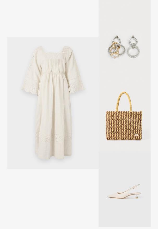 Robe en lin couleur crème avec un décolleté carré, des manches évasées et un passepoil en dentelle à œillets décoratif. Présente une taille froncée et des détails plissés.; Chaussure slingback pointue de couleur crème avec petit talon et boucle dorée sur fond blanc uni.; Sac tissé marron et jaune, de forme rectangulaire, avec deux poignées, et une finition texturée avec des coutures visibles et une étiquette de marque.; Boucles d'oreilles créoles composées d'anneaux entrelacés en or et en argent, avec un accent en zircon cubique transparent et un bandeau texturé sur un des anneaux.