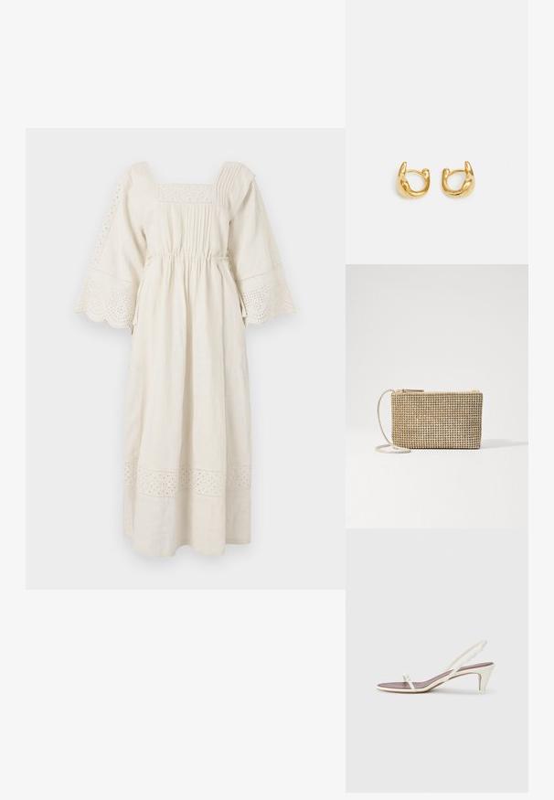 Abito di lino color crema con scollatura quadrata, maniche a campana e bordo in pizzo ad occhielli decorativo. Presenta una vita arricciata e dettagli plissettati.; Sandali slingback bianchi con un leggero tacco, sottili cinturini e una superficie in pelle liscia; presentano una piccola fibbia decorativa.; Loeffler Randall YASMINE FLAT CLUTCH - Borsa a tracolla - gold; Orecchini a cerchio in oro con un design liscio e arrotondato, caratterizzati da una finitura lucida. Gli orecchini hanno una forma compatta e robusta, con una chiusura senza cuciture.