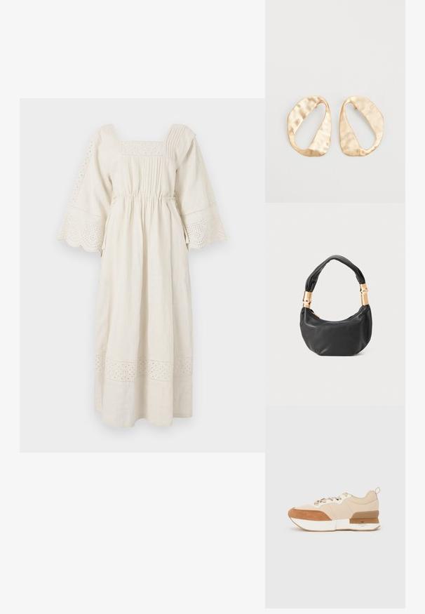 Cream-colored linen dress with a square neckline, flared sleeves, and decorative eyelet lace trim. Features gathered waist and pleated details.; Sneaker featuring a beige fabric upper with tan suede accents, a white midsole, and a rubber outsole with a branding detail.; Black leather handbag with a round shape, soft texture, and a knotted handle featuring gold-tone hardware accents. Zipper closure.; Pair of irregular oval-shaped gold-toned metal earrings with a textured, slightly hammered surface on a white background.