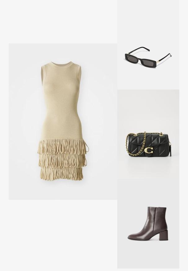 Rochie bej fără mâneci, cu textură rigirată, bust ajustat și detaliu din franjuri stratificați la tiv. Material moale cu o finisare netedă.; Botină din piele maro, cu un design elegant, vârf ascuțit și toc pătrat. Textură netedă și siluetă minimală.; Ochelari de soare rectangulari negri cu lentile întunecate, rame din plastic lucios și accente aurii pe tample. Design minimalist și formă elegantă.; Poșeta neagră din piele matlasată cu o curea din lanț auriu și un închizător cu toggle care are un accent circular. Formă compactă și rectangulară.