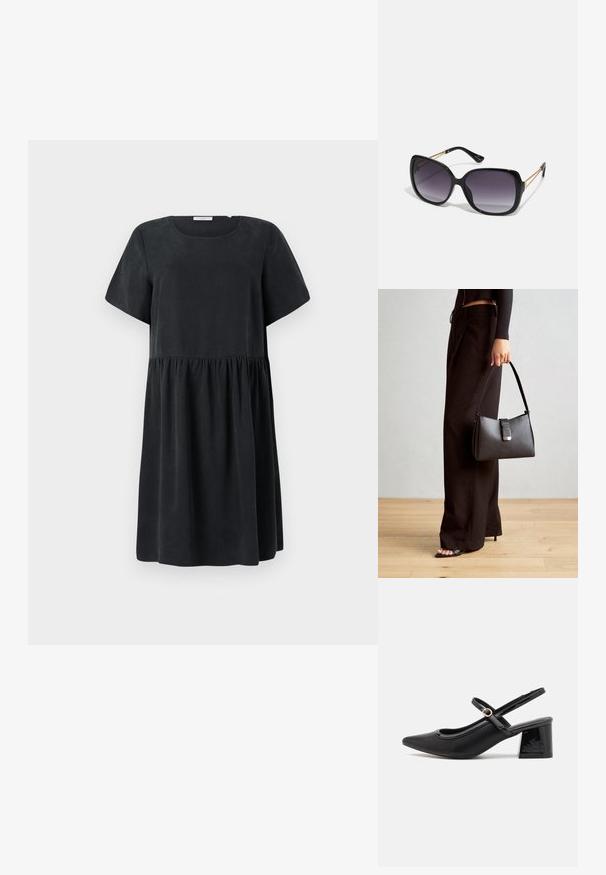 Crna haljina s rundastim izrezom, kratkim rukavima i višeslojnim, nabranim strukom, s glatkom, mekom teksturom.; Crne lakirane slingback visoke potpetice s šiljastim vrhom, zaobljenim izrezom i blok potpeticom. Sadrži akcent zlatnog tona s kopčom.; Crne prevelike sunčane naočale s gradijentnim lećama, debelim okvirom i zlatnim lancem kao detaljem na krakovima.; Crna torba s oblikom koji sadrži strukturu, glađu teksturu i metalnu kopču. Uparena s širokim crnim hlačama i sandalama na otvorenom s drvenog poda.