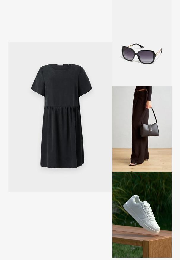 Rochie neagră cu decolteu rotunjit, mâneci scurte și talie cu volane, dintr-un material neted și moale.; Sneaker alb cu un upper sintetic neted, cu vârf perforat, șireturi plate și o talpă texturată, expus pe o suprafață de lemn.; Ochelari de soare negri, supradimensionați, cu lentile degradate, rame groase și detalii cu lanț de ton auriu pe brațele templului.; Genți negre cu o formă structurată, textură netedă și un închizător metalic. Asortată cu pantaloni negri largi și sandale cu vârf deschis pe un podea din lemn.