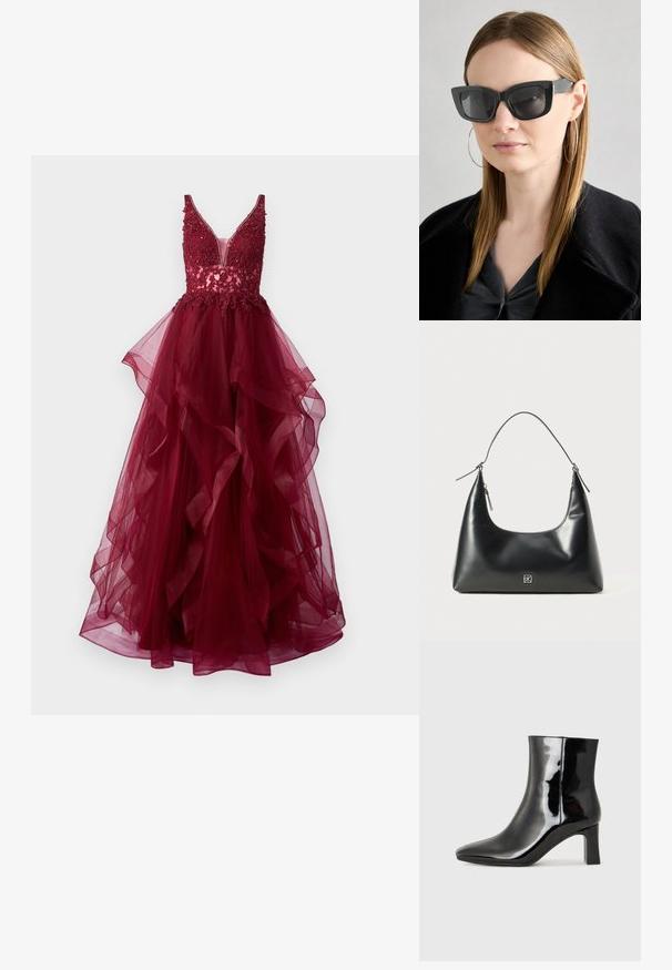 Mascara Ballkleid - wine; Schwarzer Lackleder-Stiefelette mit spitzer Zehe und einem mittelhohen Blockabsatz. Glatte Textur und minimalistisches Design.; Schwarze Katzenaugen-Sonnenbrille mit dunklen Gläsern, dicken Rahmen und subtilen Akzenten. Getragen mit einem schwarzen Mantel und einem grauen Oberteil, dazu lange, glatte Haare.; Schwarze, glatte Leder Schultertasche mit abgerundetem Deckel, einem einzigen Trageriemen, Reißverschlussverschluss und kleinem silbernen Logo-Emblem in der Mitte vorne.