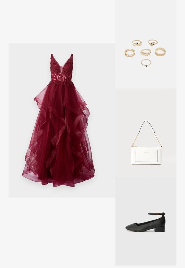 Mascara Svečana odjeća - wine; Crne kožne pumpe s oštrim vrhom i niskom blok petom. Sadrže remen oko gležnja s zlatnim kopčanjem. Glatka tekstura.; Bijela kožna torba s teksturiranim završetkom, koja ima zlatni lančić i crne akcentne detalje. Uključuje prednji džep i zatvaranje na patentni zatvarač.; Set od šest zlatnih prstenova s različitim dizajnima: pleteni, listnati motivi i čvrste trake; neki s akcentima od zelenih dragulja.