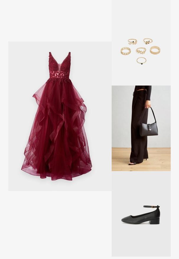 Mascara Proginė apranga - wine; Juodas odinis aukštakulnis batelis su smailiu pirštu ir žemu bloku. Su kulkšnies dirželiu su auksinės spalvos sagtimi. Lygus paviršius.; Juodas rankinė struktūrizuota forma, lygi tekstūra ir metalinis užsegimas. Suporuota su plačiomis juodomis kelnėmis ir atvirais bateliais ant medinių grindų.; Šeši auksiniai žiedai su įvairiais dizainais: pinti, lapų motyvai ir monolitiniai žiedai; kai kurie su žalios spalvos brangakmenių akcentais.