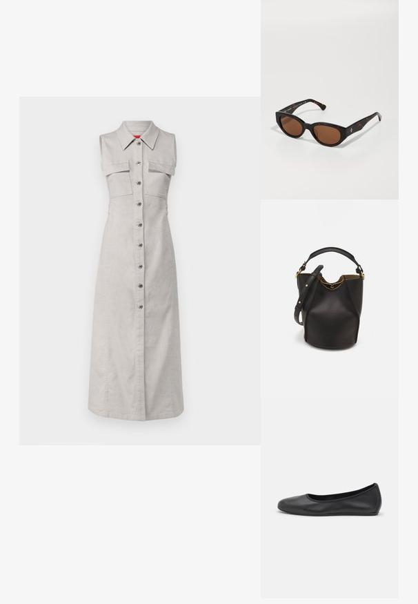 MAX&Co. VANNA - Abito a camicia - light grey; Pantofole da balletto nere in pelle con punta arrotondata, texture liscia, dettagli di cucitura minimi e design con suola flessibile.; Occhiali da sole tartarugati neri con lenti marroni, design angolare e aste larghe con un discreto logo. Texture in plastica liscia.; Borsa a secchiello in pelle nera con finitura testurizzata, dettagli in metallo dorato e apertura superiore. Presenta una maniglia corta e una tracolla regolabile.