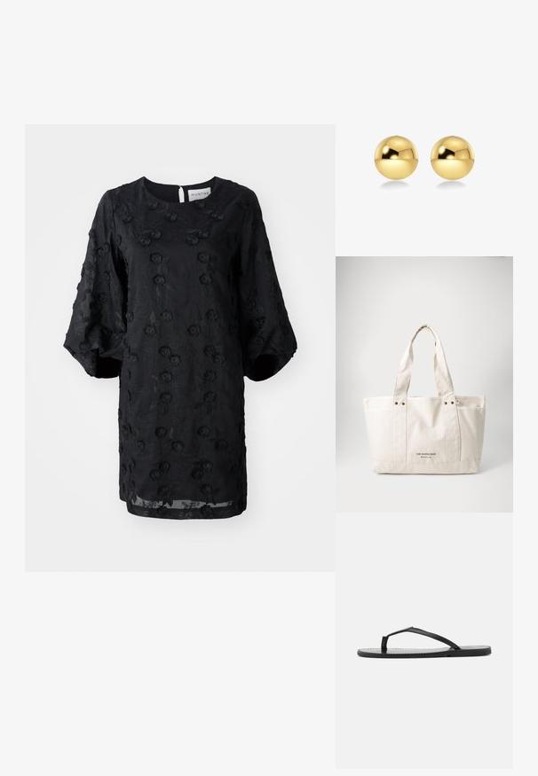 Melnā kleita ar teksturētu ziedu izšuvuma rakstu, apaļu kakla izgriezumu un īsām pūkainām piedurknēm. Gaisīga auduma, ar ceļa garuma piegriezumu.; Melnas čībiņas ar minimālistisku dizainu, kas aprīkotas ar plānām siksnām un plakanām zolem. Materiāls izskatās pēc plastmasas ar gludu tekstūru.; Gaišbēšā krāsā auduma soma ar divām izturīgām rokturiem, kontrastējošu balto apdari un melno logotipu "THE NORTH FACE" priekšpusē.; Zeltainas sfēriskas auskaru pušķis ar mirdzošu, atstarojošu virsmu. Dizains ir vienkāršs un gluds, radot modernu, minimālistisku izskatu.