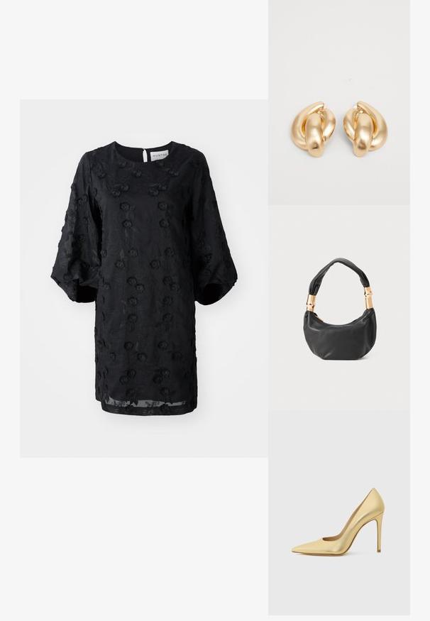 Musta mekko, jossa on teksturoitu kukkakirjontakuosi, pyöreä pääntie ja lyhyet puffihihat. Kevyt kangas ja polven pituinen leikkaus.; Kultaiset metalliset korkokengät, joissa on kärkikorko ja stiletto-korko, kuvattuna sivulta yksinkertaisella vaalealla taustalla.; Musta nahkalaukku pyöreällä muodolla, pehmeällä pinnalla ja solmulla varustetulla kahvalla, jossa on kultasävyiset yksityiskohdat. Vetoketjusuljenta.; Korolliset kultasävytteiset korvakorut, joissa on kierretty muotoilu, sileä ja kiiltävä pinta sekä pyöreät muodot. Jokaisen koko on noin 5 senttimetriä.