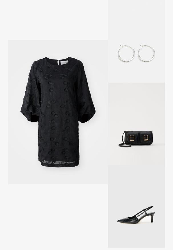 Fekete ruha texturált virágmintával, kerek nyakkivágással és rövid puffos ujjakkal. Könnyű anyag, térd hosszúságú fazon.; Fekete lakk slingback sarok, hegyes orral, texturált kígyómintával, állítható pánttal és rövid, texturált tömbsarkal.; Fekete bőr keresztbody táska két elülső zsebbel, arany csattokkal, cipzáras záródással és vékony pánttal. Textúrált felület és kompakt téglalap alak.; A ezüst karika fülbevalók sima, lekerekített formájúak, vékony profilúak és biztonságos zárással rendelkeznek. Minimalista stílus, fényes befejezéssel.